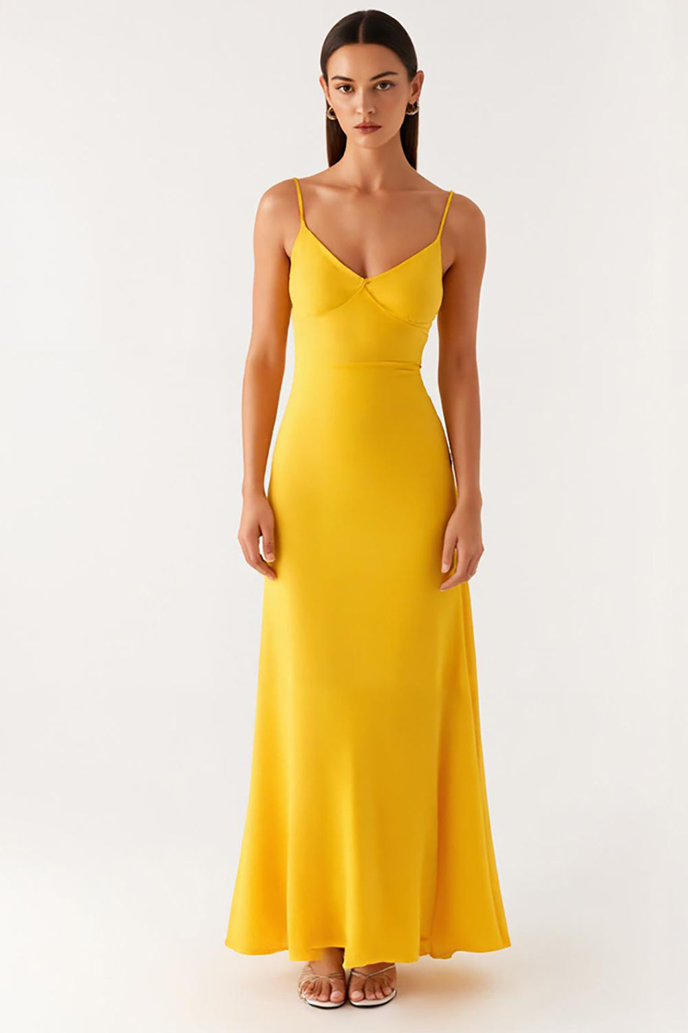 Etui Gelbes Satin Spaghettiträger Abendkleid
