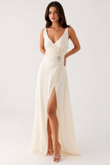 Elfenbein Standesamtkleid mit V-Ausschnitt und Schlitz
