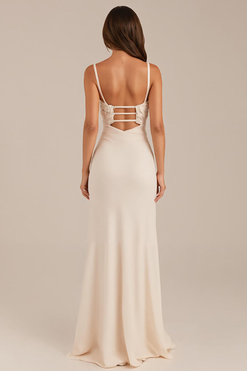 Elfenbein Etui Gerafftes Standesamtkleid mit Spaghettiträgern und Schlitz