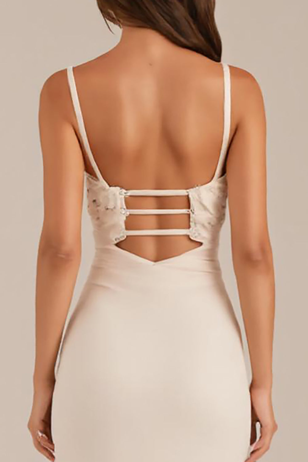 Elfenbein Etui Gerafftes Standesamtkleid mit Spaghettiträgern und Schlitz