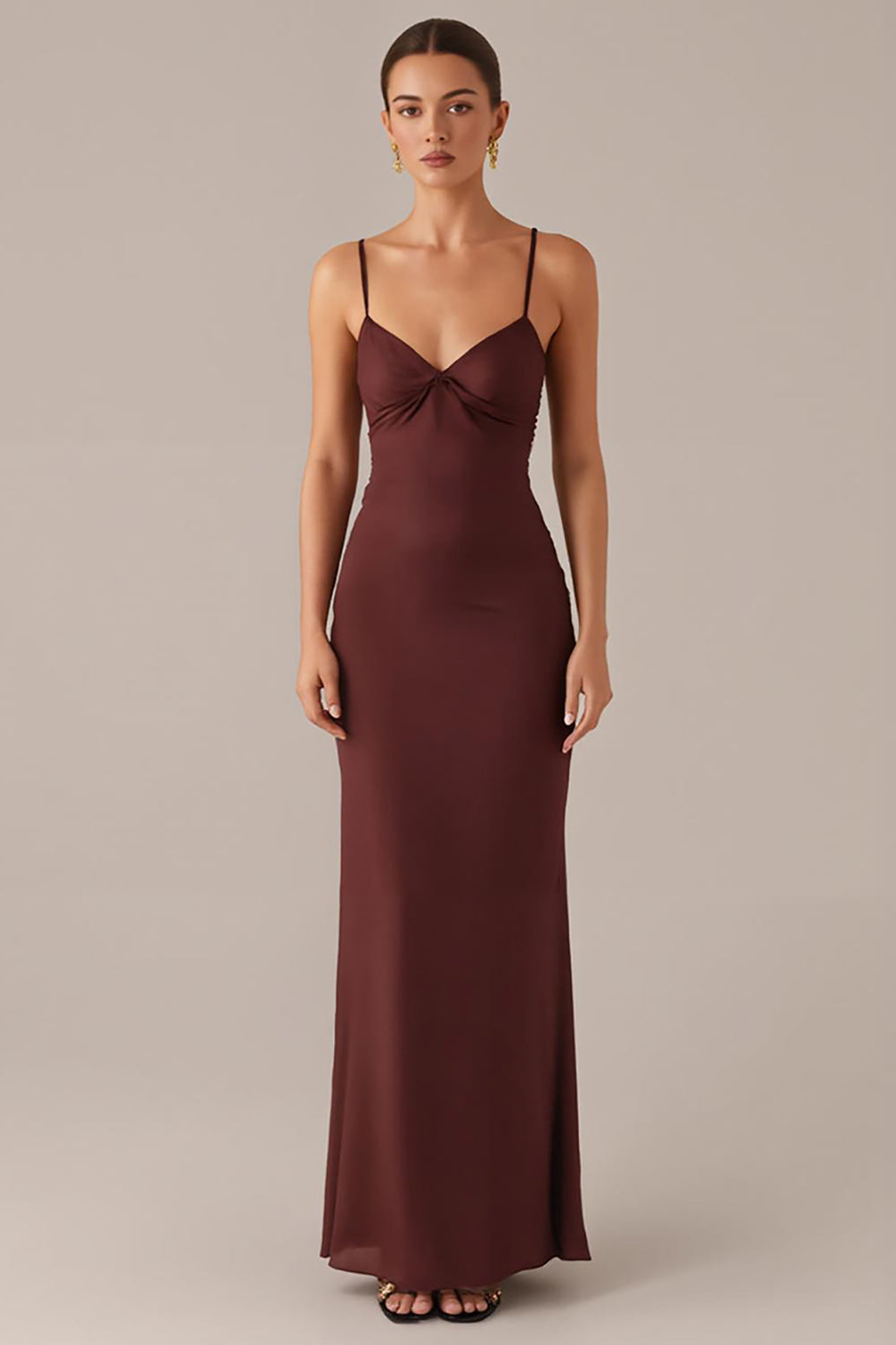 Braunes Etui Abendkleid mit Spaghettiträgern
