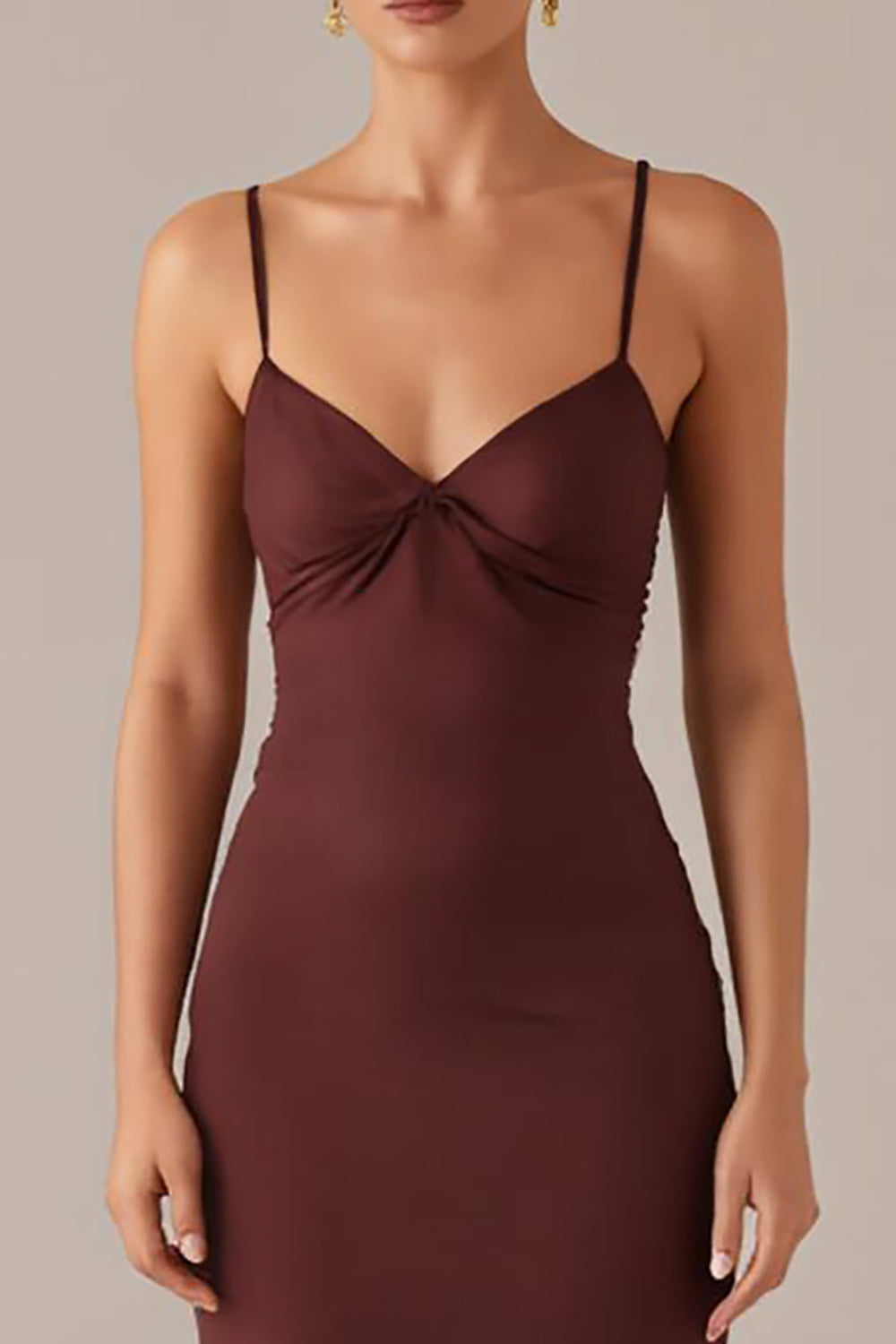 Braunes Etui Abendkleid mit Spaghettiträgern