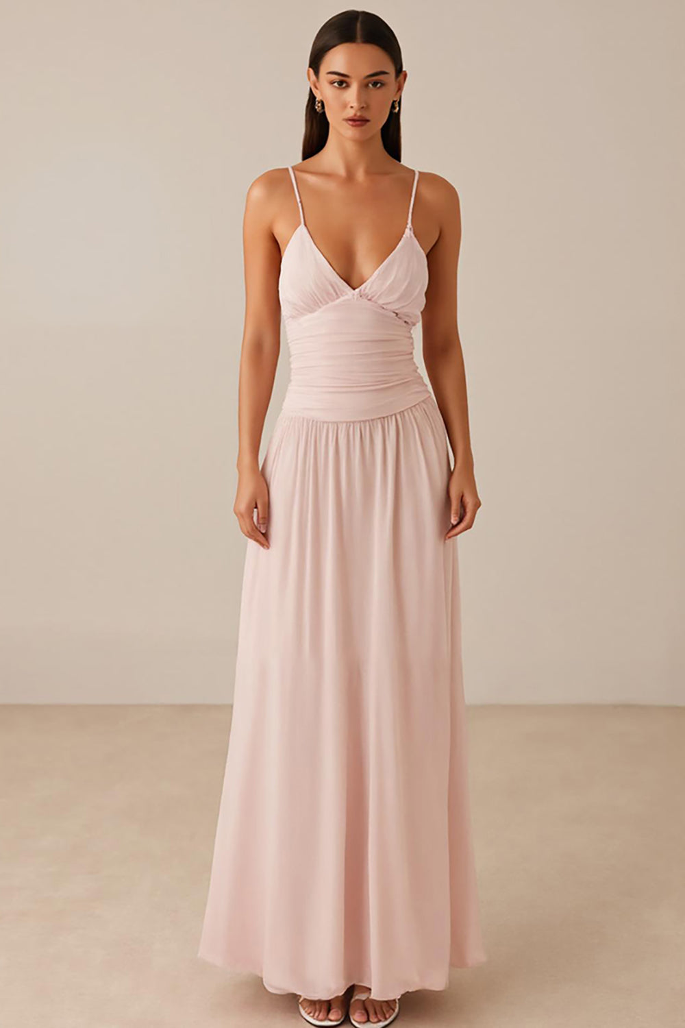 Rosa Spaghettiträger A-Linie Chiffon Abendkleid