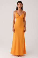 Gelbes Spaghettiträger Chiffon Ballkleid