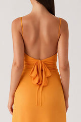 Gelbes Spaghettiträger Chiffon Ballkleid