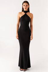 Neckholder Mermaid Bodycon Langes Schwarzes Krawattenkleid