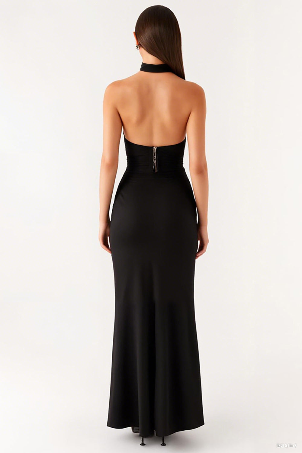 Neckholder Mermaid Bodycon Langes Schwarzes Krawattenkleid