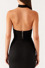 Neckholder Mermaid Bodycon Langes Schwarzes Krawattenkleid