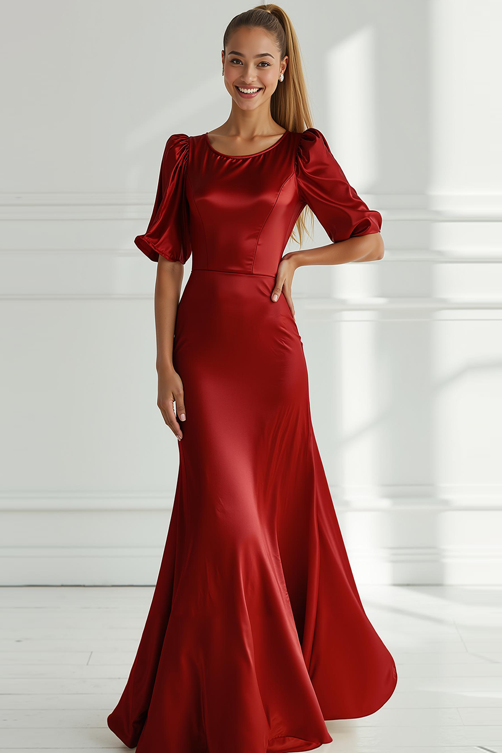 Champagner Meerjungfrau Satin Langes Ballkleid mit kurzen Ärmeln