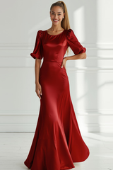Champagner Meerjungfrau Satin Langes Ballkleid mit kurzen Ärmeln