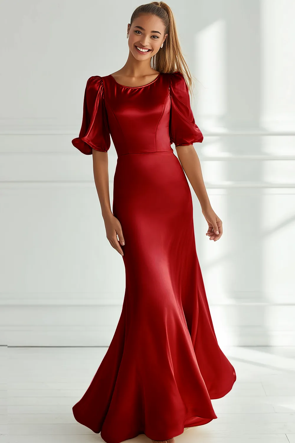 Champagner Meerjungfrau Satin Langes Ballkleid mit kurzen Ärmeln