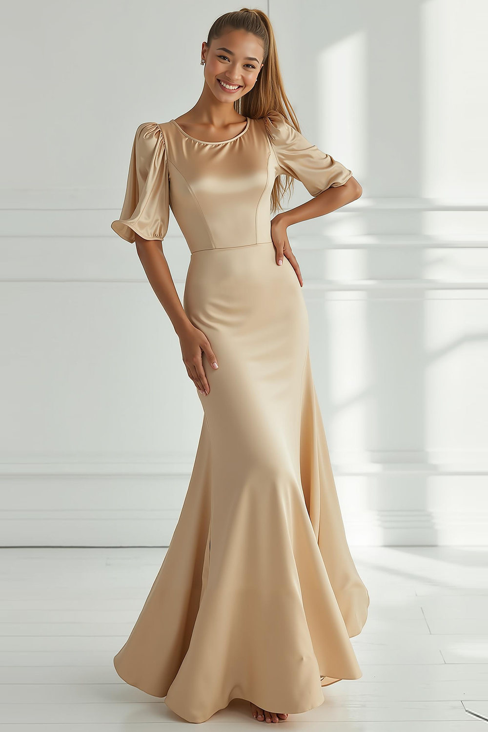 Champagner Meerjungfrau Satin Langes Ballkleid mit kurzen Ärmeln