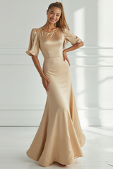 Champagner Meerjungfrau Satin Langes Ballkleid mit kurzen Ärmeln