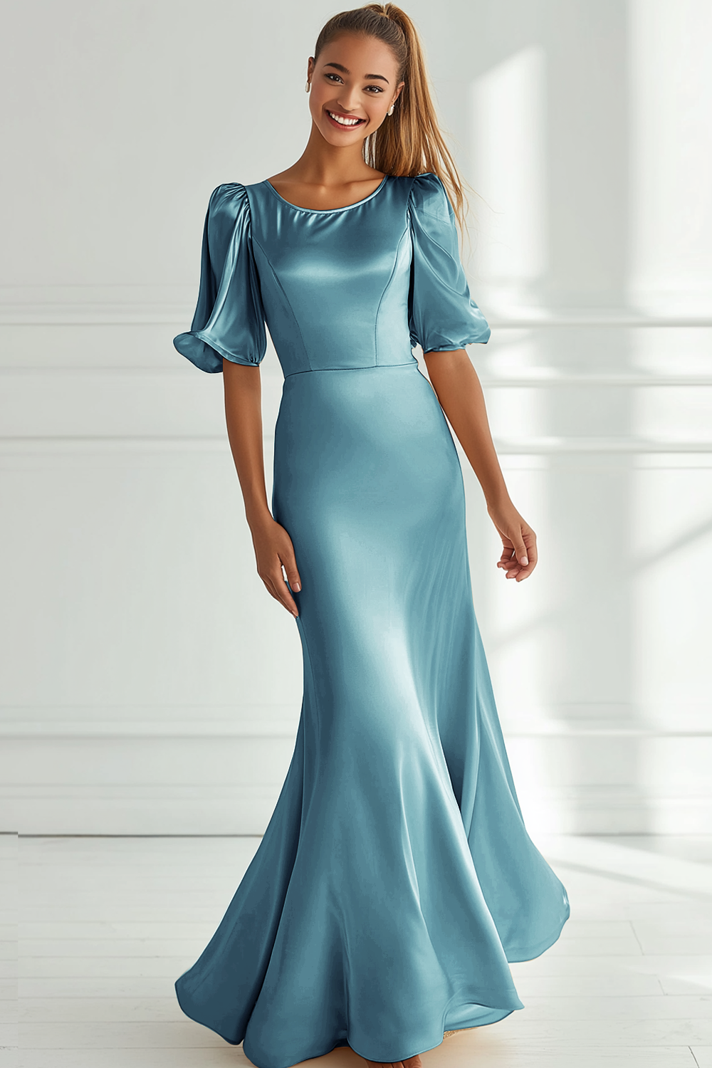 Champagner Meerjungfrau Satin Langes Ballkleid mit kurzen Ärmeln