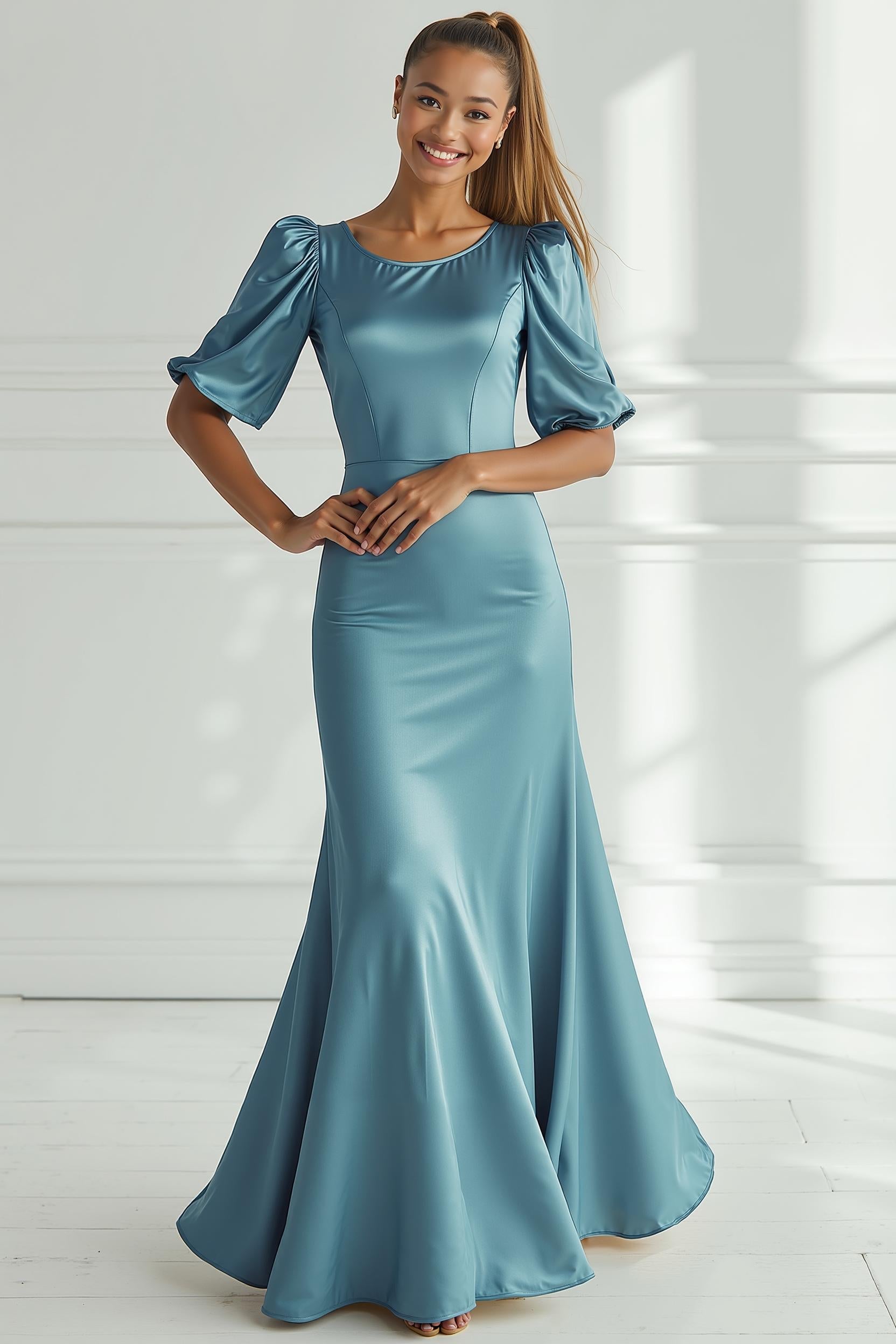 Champagner Meerjungfrau Satin Langes Ballkleid mit kurzen Ärmeln