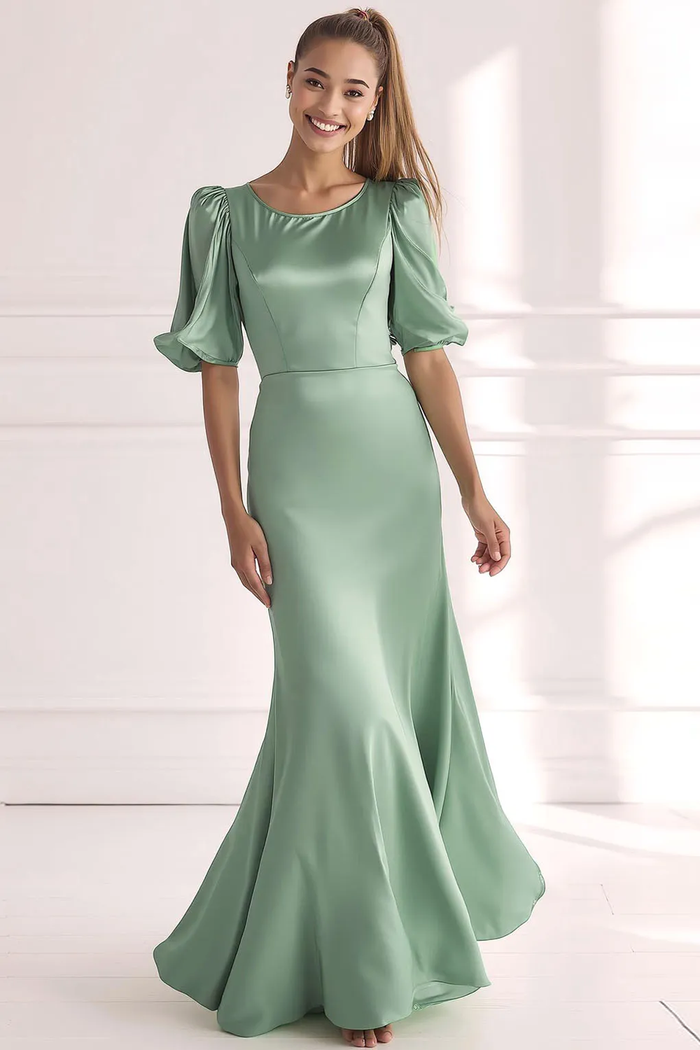 Champagner Meerjungfrau Satin Langes Ballkleid mit kurzen Ärmeln