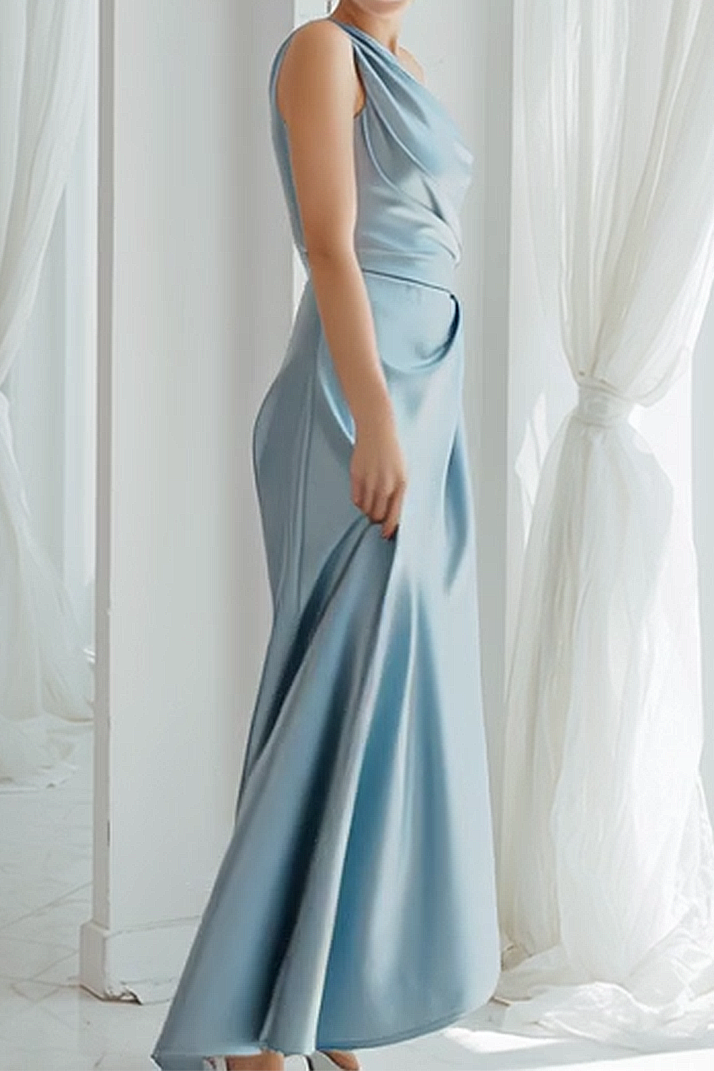 Blaues Langes Brautjungfernkleid aus Satin mit einer Schulter und Rüschen