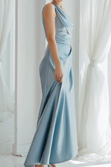 Blaues Langes Brautjungfernkleid aus Satin mit einer Schulter und Rüschen