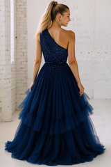 Glitzerndes Marineblaues Eine Schulter Pailletten A-Linie Hochzeitsgastkleid mit Rüschen
