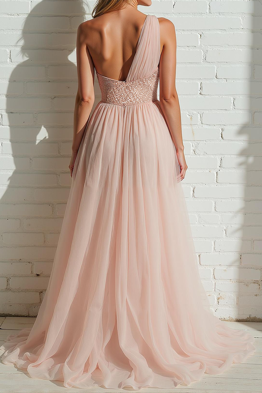 Hellrosa Pailletten Ballkleid mit einer Schulter in A-Linie