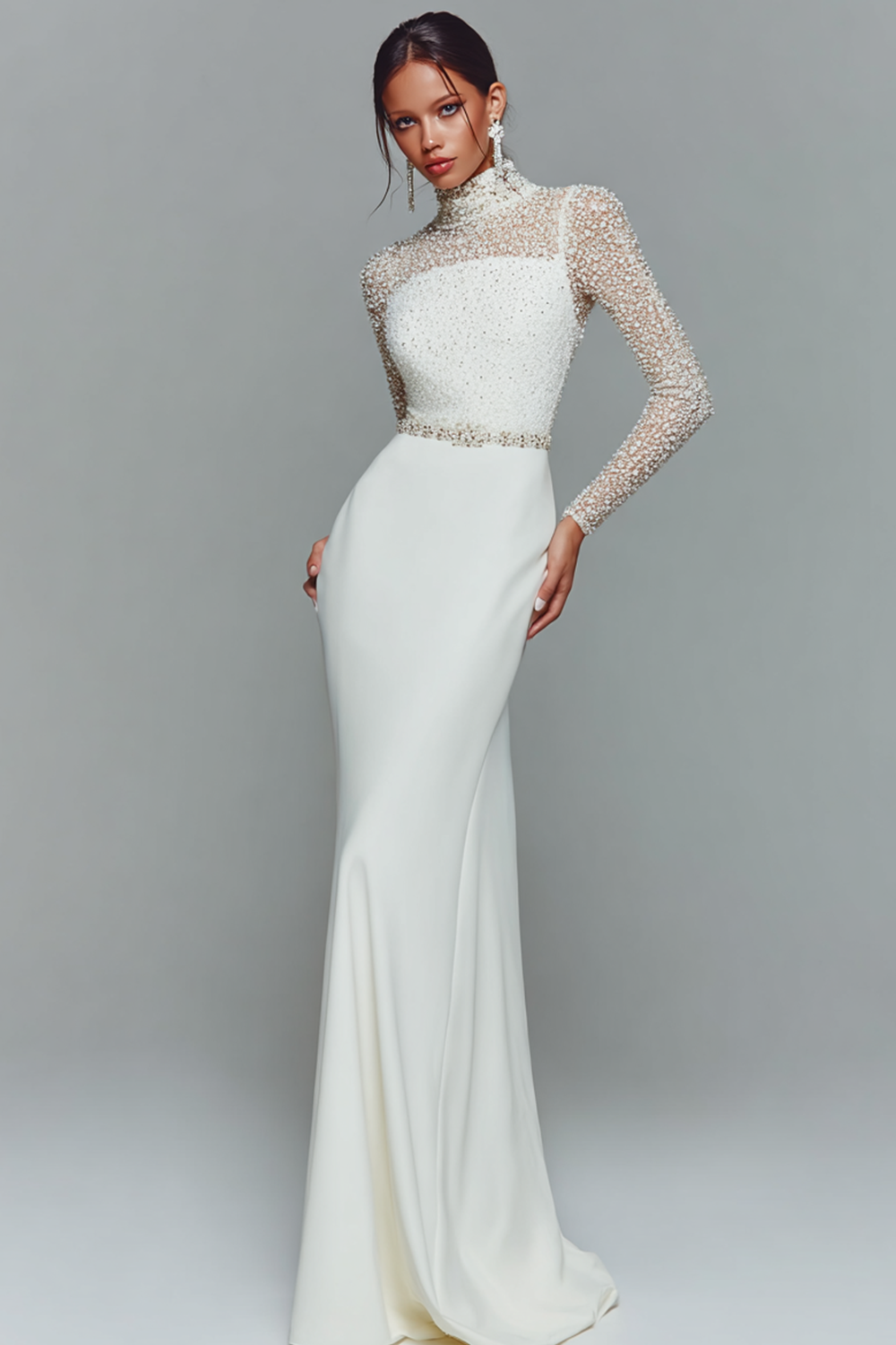 Elegantes Weißes Chiffon Standesamtkleid mit hohem Ausschnitt und langen Ärmeln