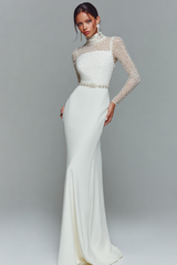 Elegantes Weißes Chiffon Standesamtkleid mit hohem Ausschnitt und langen Ärmeln
