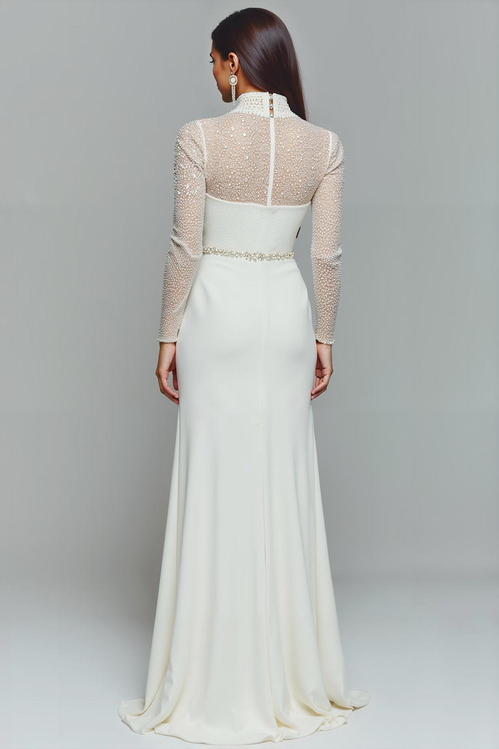 Elegantes Weißes Chiffon Standesamtkleid mit hohem Ausschnitt und langen Ärmeln