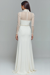 Elegantes Weißes Chiffon Standesamtkleid mit hohem Ausschnitt und langen Ärmeln