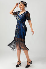 Schwarzes Blaues Paillettenkleid mit Fransen und Rundhalsausschnitt aus den 1920er Jahren mit 5-teiligem Zubehörset