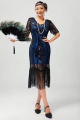 Schwarzes Blaues Paillettenkleid mit Fransen und Rundhalsausschnitt aus den 1920er Jahren mit 5-teiligem Zubehörset