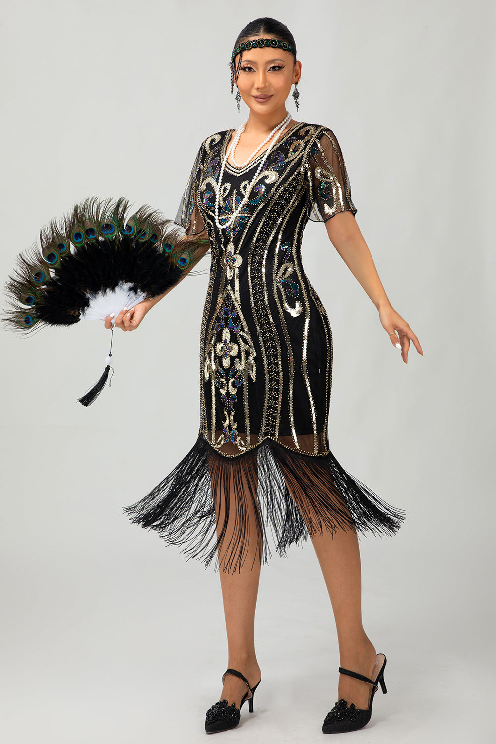 Aprikose Fransen Pailletten Flapperkleid aus den 1920er Jahren mit kurzen Ärmeln