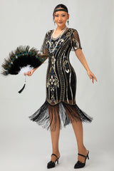 Glitzerndes Flapper Kleid aus den 1920er Jahren Schwarzes Goldenes Paillettenkleid mit Fransen