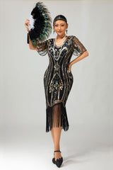Glitzerndes Flapper Kleid aus den 1920er Jahren Schwarzes Goldenes Paillettenkleid mit Fransen