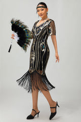 Glitzerndes Flapper Kleid aus den 1920er Jahren Schwarzes Goldenes Paillettenkleid mit Fransen