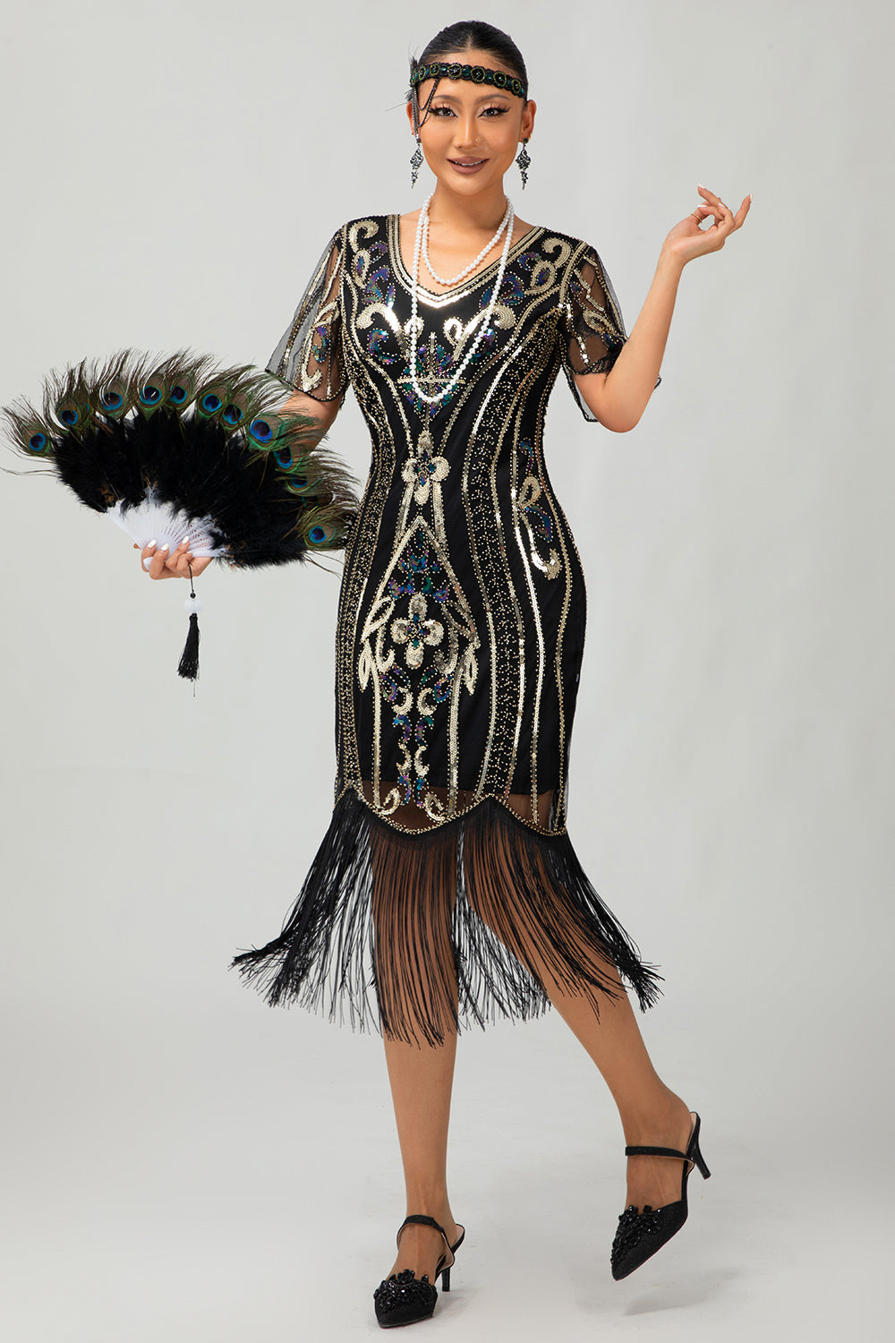 Glitzerndes Flapper Kleid aus den 1920er Jahren Schwarzes Goldenes Paillettenkleid mit Fransen