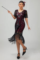 Flapper Burgunder Bodycon Paillettenkleid mit Fransen aus den 1920er Jahren