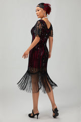 Flapper Burgunder Bodycon Paillettenkleid mit Fransen aus den 1920er Jahren