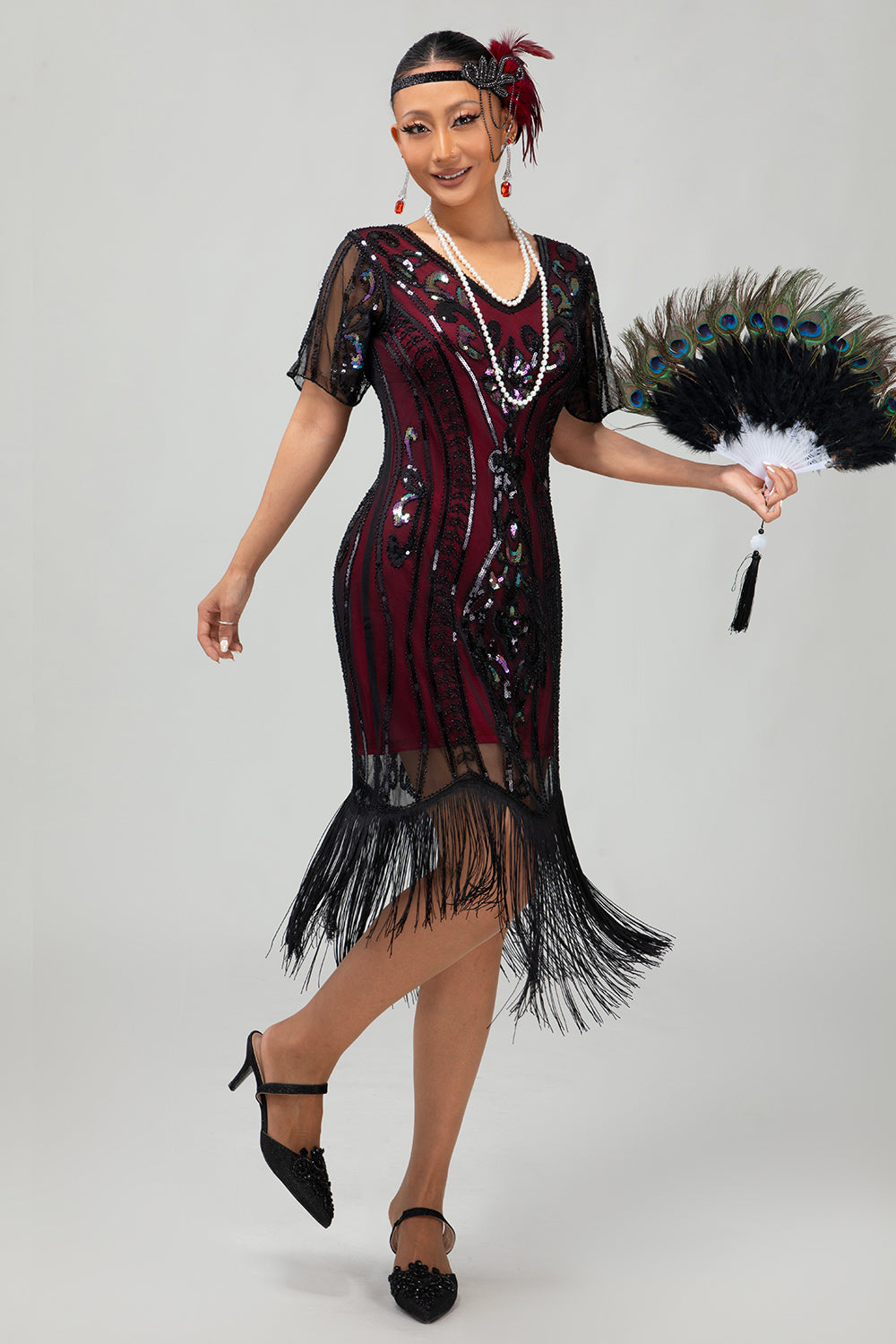 Flapper Burgunder Bodycon Paillettenkleid mit Fransen aus den 1920er Jahren