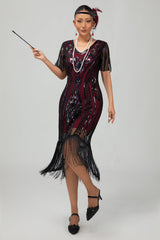 Flapper Burgunder Bodycon Paillettenkleid mit Fransen aus den 1920er Jahren