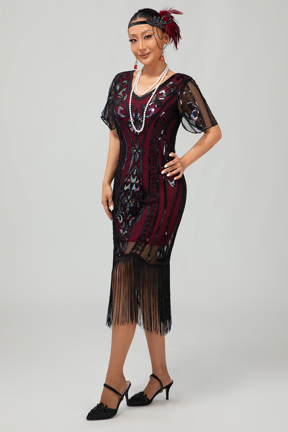 Flapper Burgunder Bodycon Paillettenkleid mit Fransen aus den 1920er Jahren