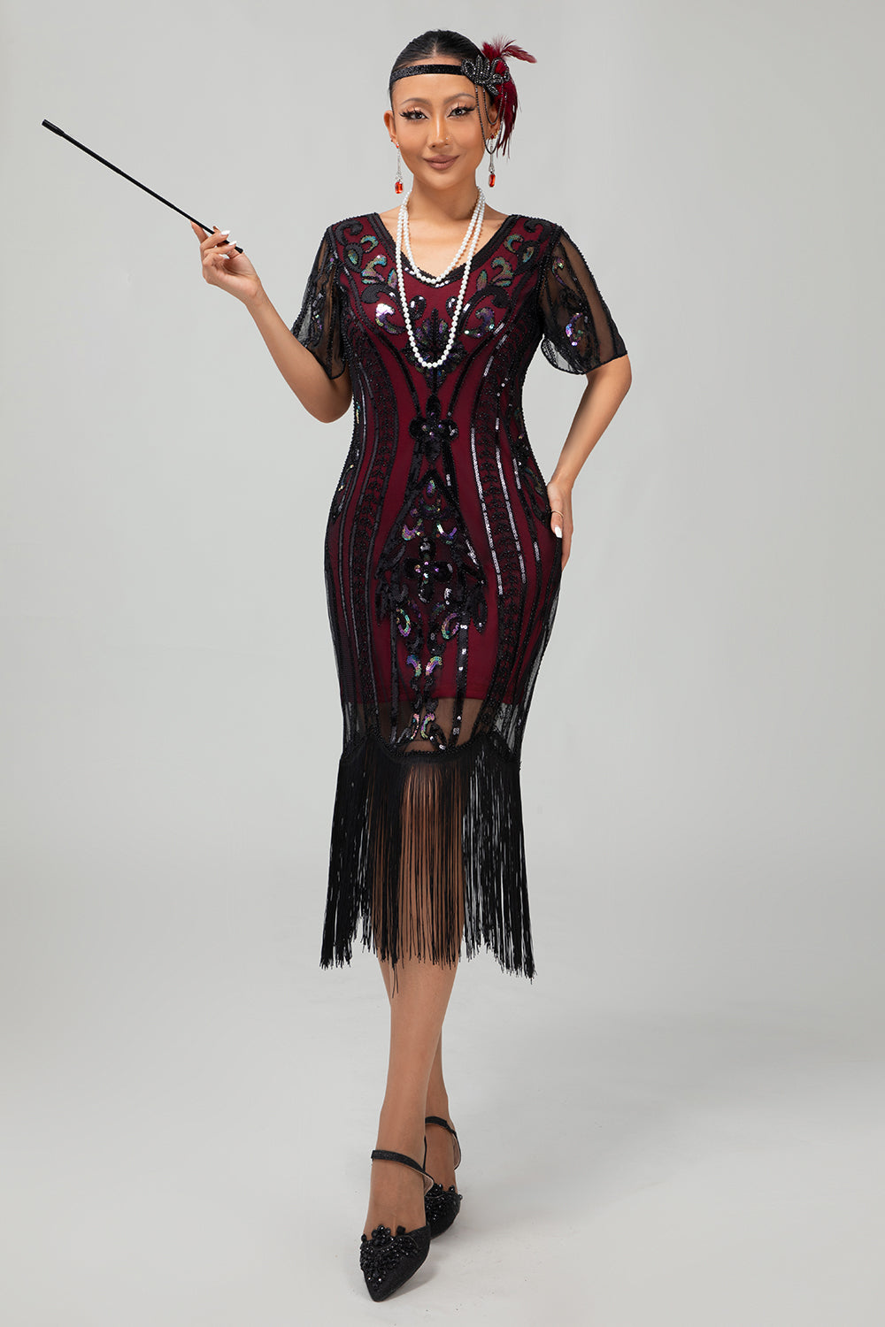 Flapper Burgunder Bodycon Paillettenkleid mit Fransen aus den 1920er Jahren