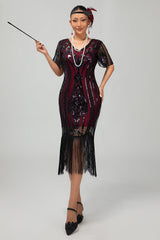 Flapper Burgunder Bodycon Paillettenkleid mit Fransen aus den 1920er Jahren