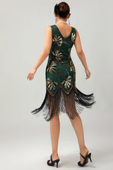 Grünes Goldenes Paillettenkleid mit V-Ausschnitt und Bodycon aus den 1920er Jahren mit Quasten