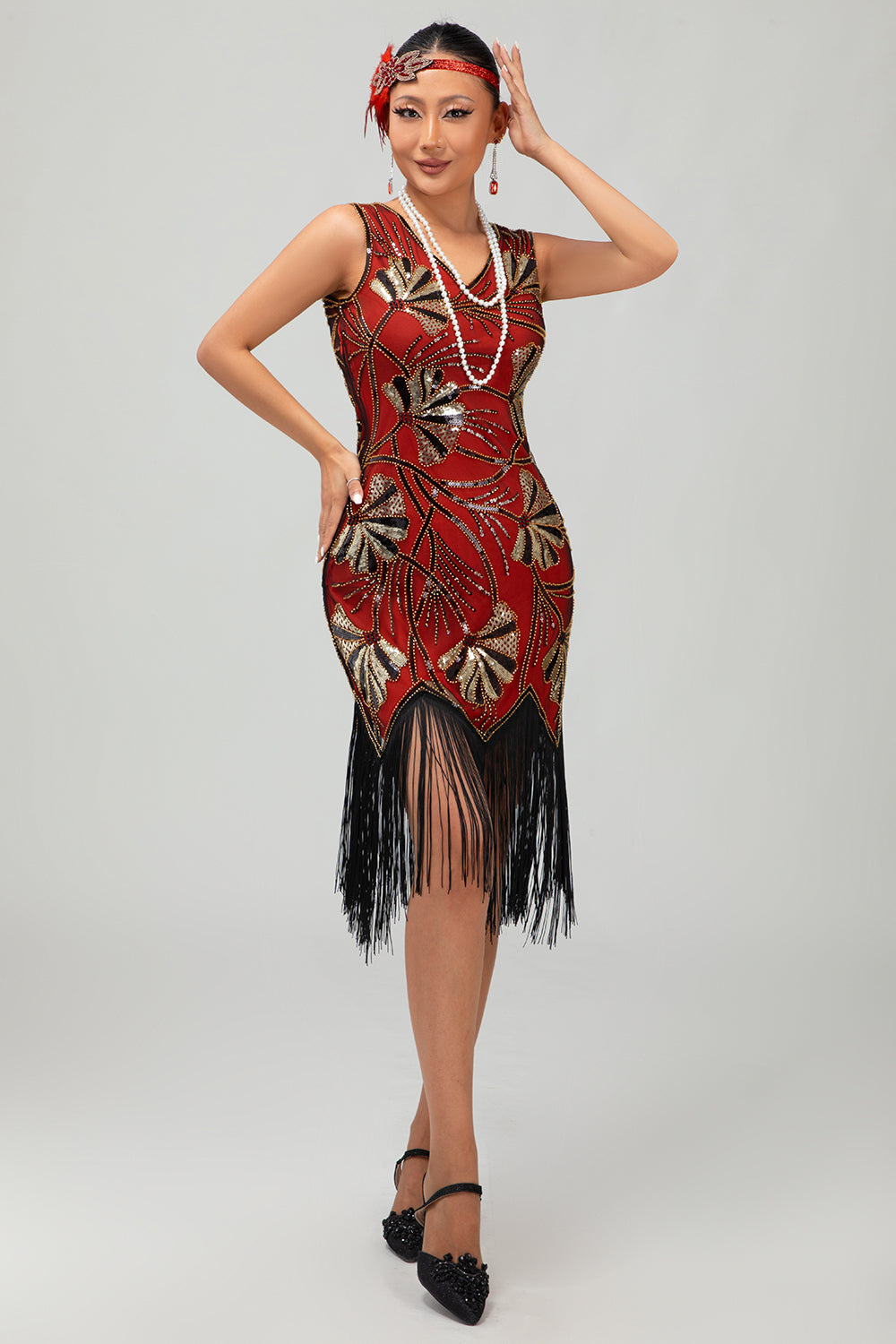 Rot Golden Paillettenkleid mit Fransen aus den 1920er Jahren mit 5-teiligem Accessoire-Set