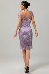 Glitzerndes Lila Kurzes Kleid aus den 1920er Jahren mit Perlen und V-Ausschnitt und Pailletten