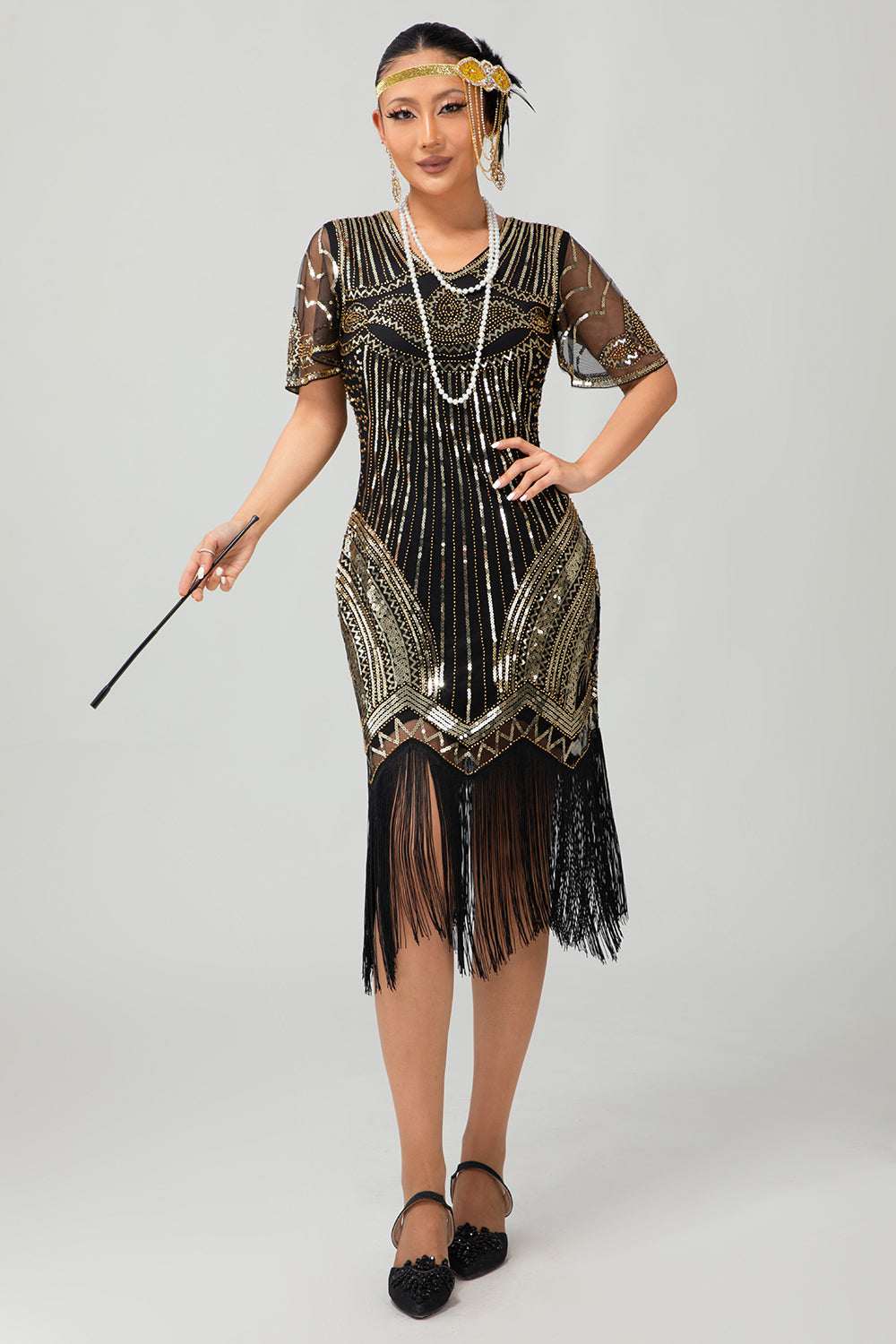 Schwarz Silber Pailletten V-Ausschnitt Bodycon Kleid aus den 1920er Jahren mit Quasten