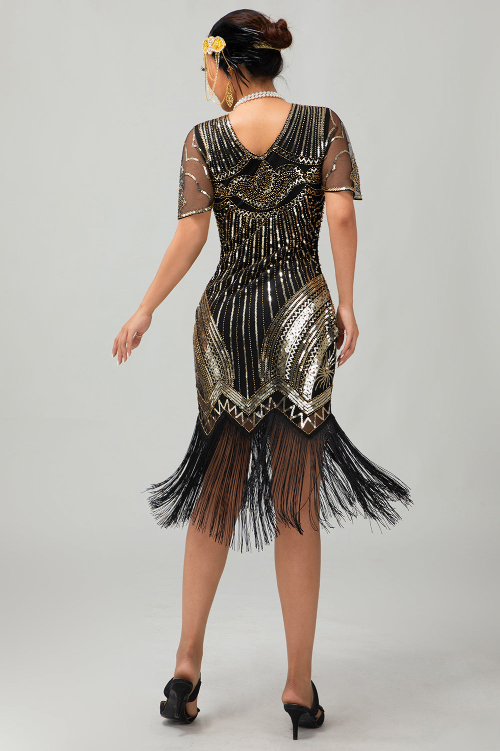 Schwarz Silber Pailletten V-Ausschnitt Bodycon Kleid aus den 1920er Jahren mit Quasten