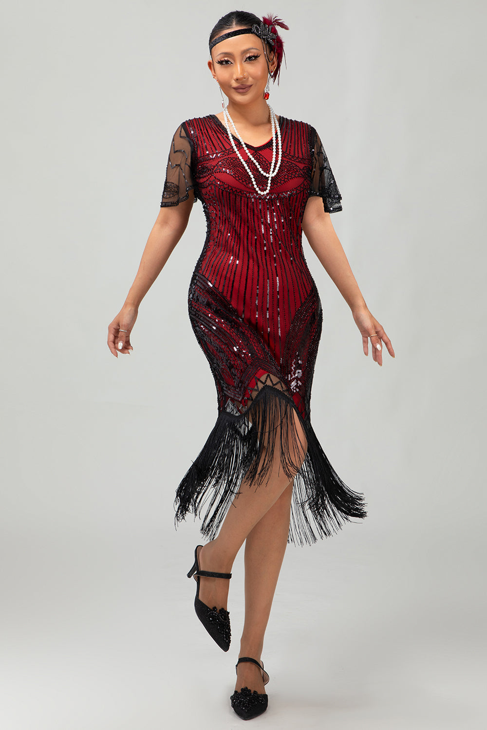 Schwarz Silber Pailletten V-Ausschnitt Bodycon Kleid aus den 1920er Jahren mit Quasten