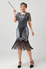 Schwarz Silber Pailletten V-Ausschnitt Bodycon Kleid aus den 1920er Jahren mit Quasten