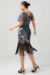 Schwarz Silber Pailletten V-Ausschnitt Bodycon Kleid aus den 1920er Jahren mit Quasten